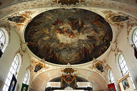 Ceiling painting by Matthaeus Guenther and baroque organ of the parish church of St. Peter and Paul, baroque style from 1740, Matthias-Klotz-Strasse 4, Mittenwald, Upper Bavaria, Bavaria, Germany, Europe