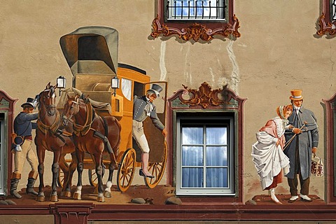 Lueftlmalerei traditional mural of travelers and travel coach, 1979, by Sebastian and Stephen Pfeffer, Post Hotel, Obermarkt 9, Mittenwald, Upper Bavaria, Bavaria, Germany, Europe