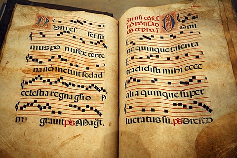 Pages from a choir book from, southern Germany, 17th century, Geigenbaumuseum violin museum, Ballenhausgasse 3, Mittenwald, Upper Bavaria, Bavaria, Germany, Europe