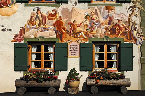 Lueftlmalerei traditional mural, Bozner Markt 1487-1679, Ballenhausgasse, Mittenwald, Upper Bavaria, Bavaria, Germany, Europe