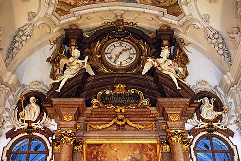 Richly decorated clock over the altar of the monastery church of St. Benedikt, 17th century, Italian early baroque, Benediktbeuren, Upper Bavaria, Bavaria, Germany, Europe