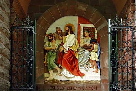 First relief, Stations of the Cross to Dusenbach monastery, Jesus receiving death sentence, Ribeauville, Alsace, France, Europe