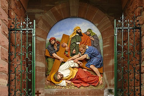 Ninth relief, Stations of the Cross to Dusenbach monastery, Jesus falling for a third time under the weight of the cross, Ribeauville, Alsace, France, Europe