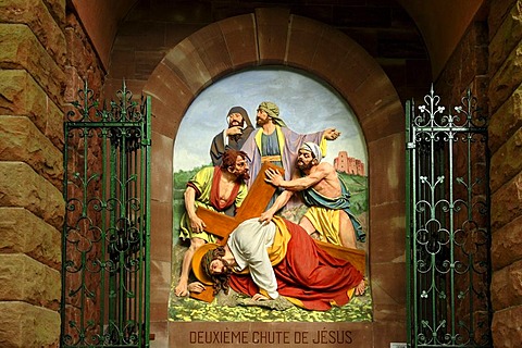 Seventh relief, Stations of the Cross to Dusenbach monastery, Jesus falling for a second time under the weight of the cross, Ribeauville, Alsace, France, Europe