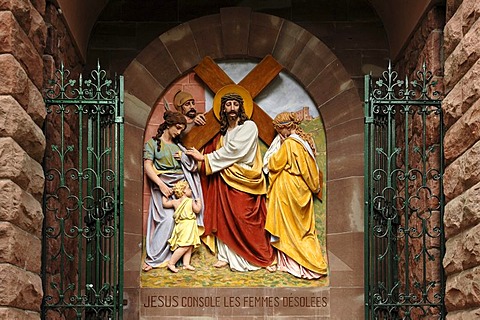 Eighth relief, Stations of the Cross to Dusenbach monastery, Jesus comforting distressed women, Ribeauville, Alsace, France, Europe