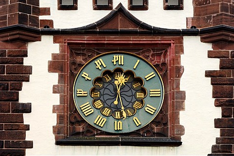 Clock on Martinstor tower, 13th century, Kaiser-Joseph-Strasse, Freiburg im Breisgau, Baden-Wuerttemberg, Germany, Europe