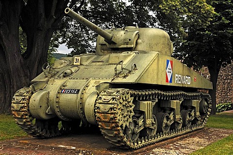 French tank memorial, Renard from World War II, 1944, in front of the city wall, Route du Vin, Kientzheim, Alsace, France, Europe