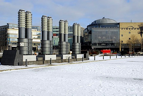 Ventilation pipes of the underground car park, and Cinedom cinema, modern architecture in snow and ice, Mediapark, Cologne, Rhineland, North Rhine-Westphalia, Germany, Europe