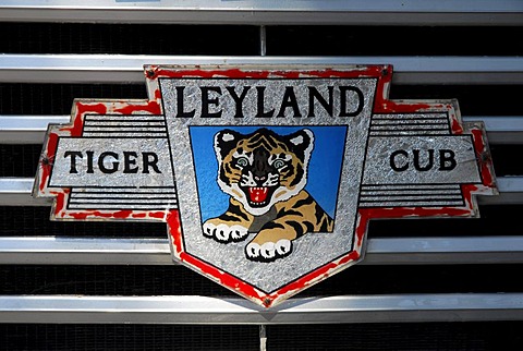 Detail, sign on the radiator grill of an old Leyland bus, bus station, Victoria or Rabat, Island of Gozo, Malta, Mediterranean, Europe