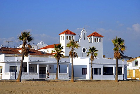 Promenade with church and palm trees, beach, La Antilla, Lepe, Costa de la Luz, Huelva region, Andalucia, Spain, Europe