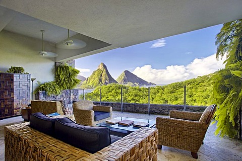 Suite, living room suite, no external wall, Pitons mountains, Jade Mountain luxury hotel, Saint Lucia, Windward Islands, Lesser Antilles, Caribbean, Caribbean Sea