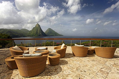 Roof terrace, Dedon, furniture, natural stone floor, hemisphere, Pitons mountains, Jade Mountain luxury hotel, Saint Lucia, Windward Islands, Lesser Antilles, Caribbean, Caribbean Sea