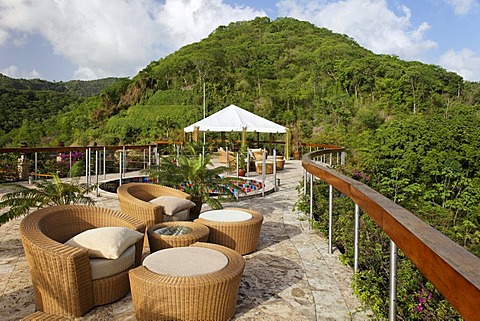 Roof terrace, Dedon, furniture, natural stone floor, hemisphere, rain forrest, unique, Jade Mountain luxury hotel, Saint Lucia, Windward Islands, Lesser Antilles, Caribbean, Caribbean Sea