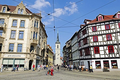 Entrance from Domplatz square to Marktstrasse towards Fischmarkt, behind, the Church of All Saints, Erfurt, Thuringia, Germany, Europe