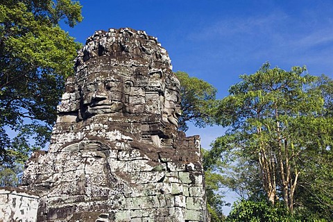 Stone face of Bodhisattva Lokeshvara, Bayon Temple, Angkor temples, Siem Reap, Cambodia, Indochina, Southeast Asia