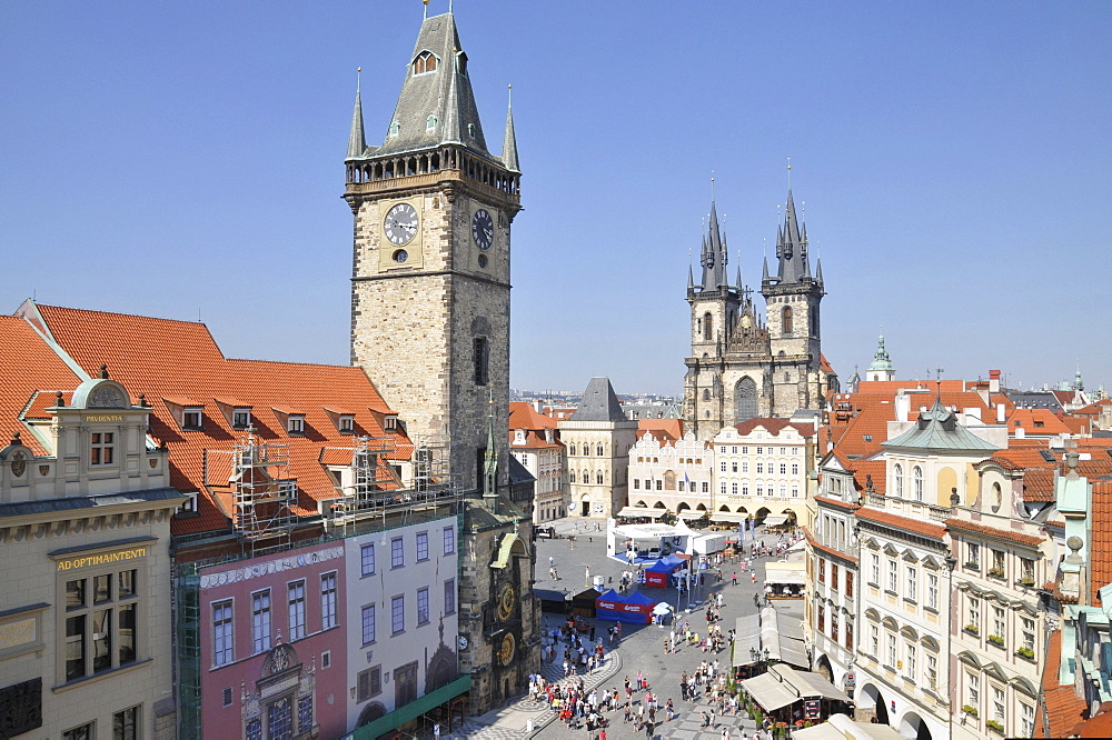 Old Town Hall, Tyn Church, Hotel U Prince terrace, Old Town Square in Prague, Old Town, Czech Republic, Europe