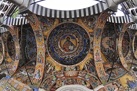 Ceiling painting, fisheye, monastery church Sweta Bogorodiza, Orthodox Rila Monastery, UNESCO World Heritage Site, Bulgaria, Europe