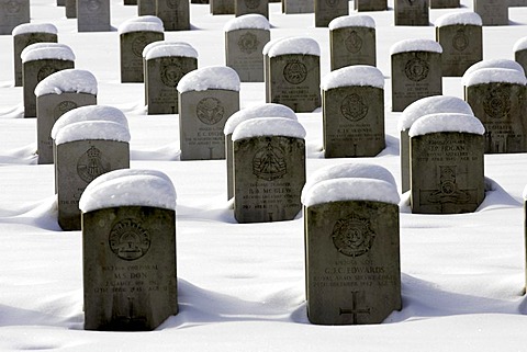 Headstones at Durnbach War Cemetry 1939 - 1945, winter, snow, Upper Bavaria, Germany, Europa