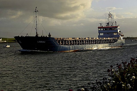 Commercial cargo vessel ship Linnau entering Rosses Point, County Sligo, Republic of Ireland, Europe