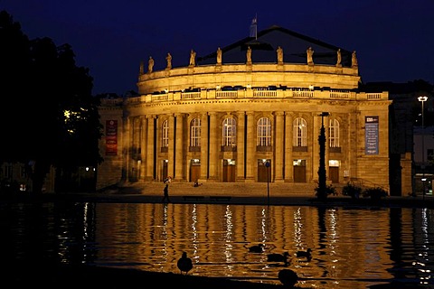 Staatstheater Stuttgart theatre and opera house at night, reflection in the Eckensee lake, Stuttgart, Baden-Wuerttemberg, Germany, Europe