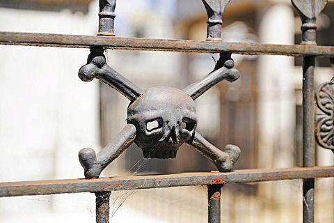 Fence decorated with skull and crossbones, La Recoleta Cemetery, Buenos Aires, Argentina, South America