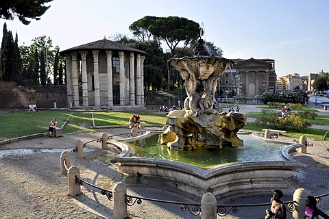 Temple of Vesta, Triton Fountain of Bizzaccheri, Temple of Fortuna Virilis, Piazza Bocca della Verita, Rome, Lazio, Italy, Europe