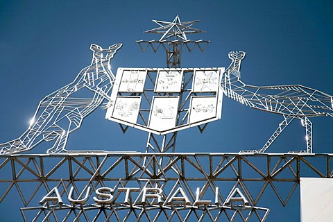 Australian landmark with kangaroo and emu on the new Parliament House in Canberra, Australian Capital Territory, Australia