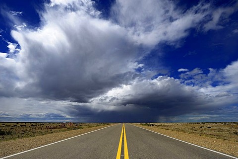 Road with dramatic sky, Monte Leon National Park, Rio Gallegos, Patagonia, Argentina, South America