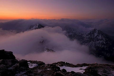 Mountain peaks with clouds during magic hour, at dawn, Graen, Tannheimertal valley, Ausserfern, Tyrol, Austria, Europe