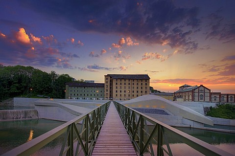 Metal bridge at dusk, Kempten, Bavaria, Germany, Europe