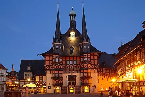 City Hall in the evening, Wernigerode, Harz, Germany, Europe