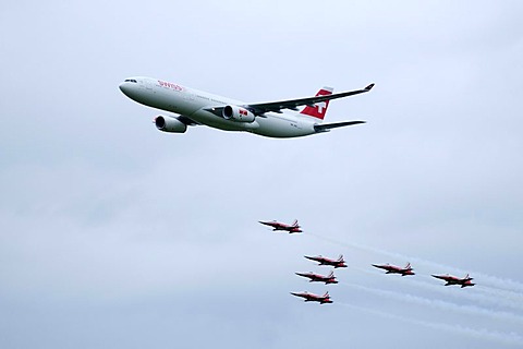 Airbus A 330-300 of the Swiss flying with the Patrouille Suisse, Emmen, Switzerland, Europe