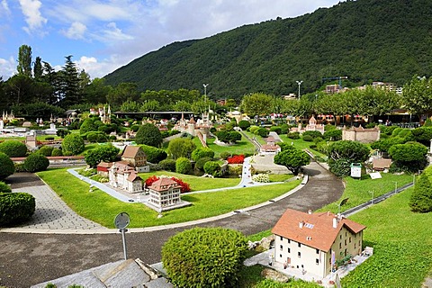 View over Swissminiatur, Melide, Lugano, Ticino, Switzerland, Europe