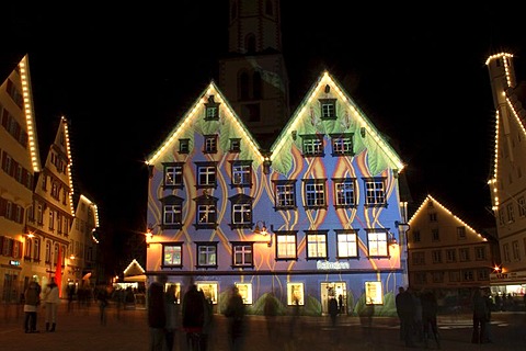 Facades with impressive lighting, at the market square in Biberach an der Riss, Biberach, Upper Swabia, Baden-Wuerttemberg, Germany, Europe