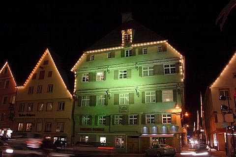 Facades with impressive lighting, market square in Biberach an der Riss, Upper Swabia, Baden-Wuerttemberg, Germany, Europe