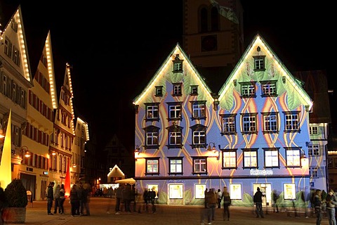 Illuminated facades, light show, market square in Biberach, Upper Swabia, Baden-Wuerttemberg, Germany, Europe