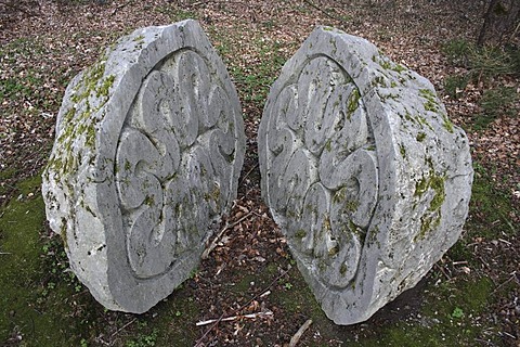 Sculpture, Federstein, stone art, artwork by sculptor Peter Randall-Page, sculpture field near Oggelshausen, Biberach district, Upper Swabia, Baden Wuerttemberg, Germany, Europe