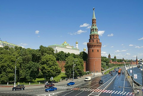 Kremlin embankment and Moscow Kremlin Tower, Moscow, Russia