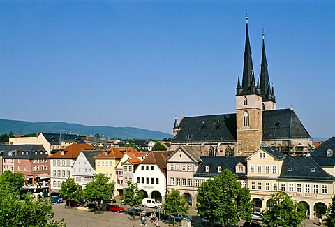 Market place and Johanneskirche church, Saalfeld, Thuringia, Germany, Europe