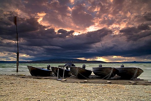 Boats on the island of Reichenau during a storm, Lake Constance, Baden-Wuerttemberg, Germany, Europe