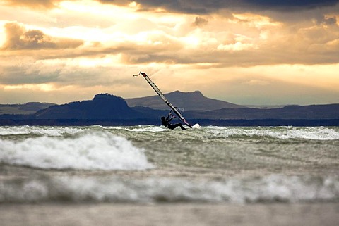 Windsurfer on Lake Constance during strong wind, seen from the island of Reichenau, Baden-Wuerttemberg, Germany, Europe