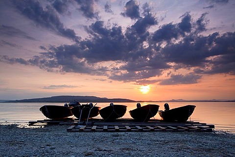 Boats in the evening light with sunset at Sandseele on Reichenau island, Baden-Wuerttemberg, Germany, Europe