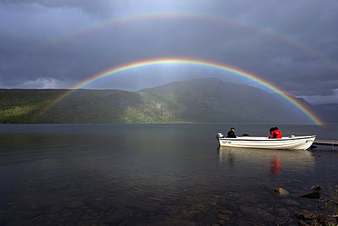 Rainbow and boat on Lake Teusajaure, Kungsleden, The King's Trail, Lapland, Sweden, Europe