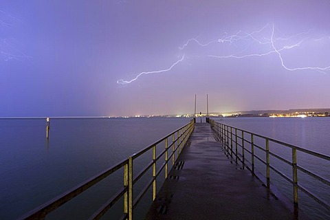 Pier and thunderstorms on Lake Constance, Germany, Europe