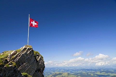 Swiss flag on a mountain in the Alpstein Range in Appenzell, Switzerland, Alps, Europe