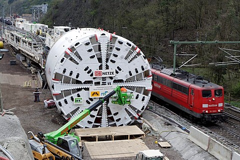 A giant tunnel boring machine of the specialist firm Herrenknecht, length 90 meters, bore diameter more than 10 meters, in front of the construction site of the second tube of the Kaiser Wilhelm Tunnel at the Ediger-Eller district, Rhineland-Palatinate, G