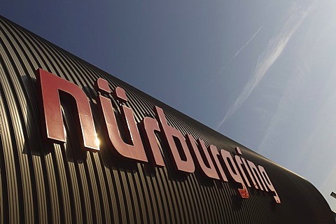 Nuerburgring sign on the facade of the Ring-Arena at the Nurburgring race track, Nuerburg, Rhineland-Palatinate, Germany, Europe