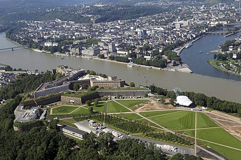 Aerial view, site of the Federal Garden Show, in the front, Ehrenbreitstein Fortress, Koblenz, Rhineland-Palatinate, Germany, Europe