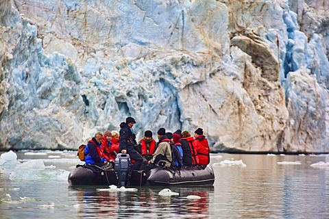 Ice, fjord, Zodiac rubber boat in front of a glacier, ice edge, Svalbard, Spitsbergen, Norway