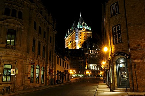 Street to the Chateau Frontenac castle in the historic old town of Quebec City, Quebec, Canada